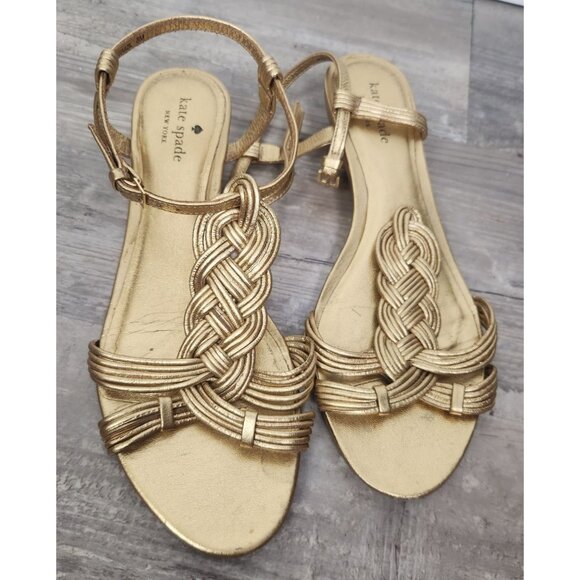 Kate Spade Women's Sz. 8 Becca Gold Braided Small Wedge Sandals - Picture 2 of 7